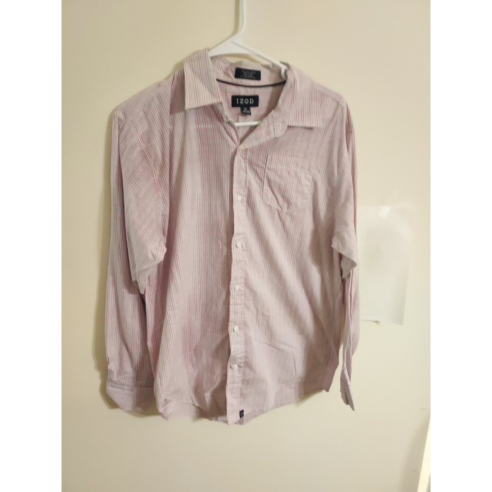 IZOD Mens XL Button Down Shirt Pink Plaid Long Sleeve Cotton Pocket